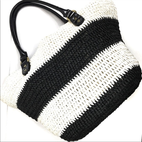 Adrienne Vittadini Nautical Black White Straw Summer Tote Bag - Picture 3 of 16